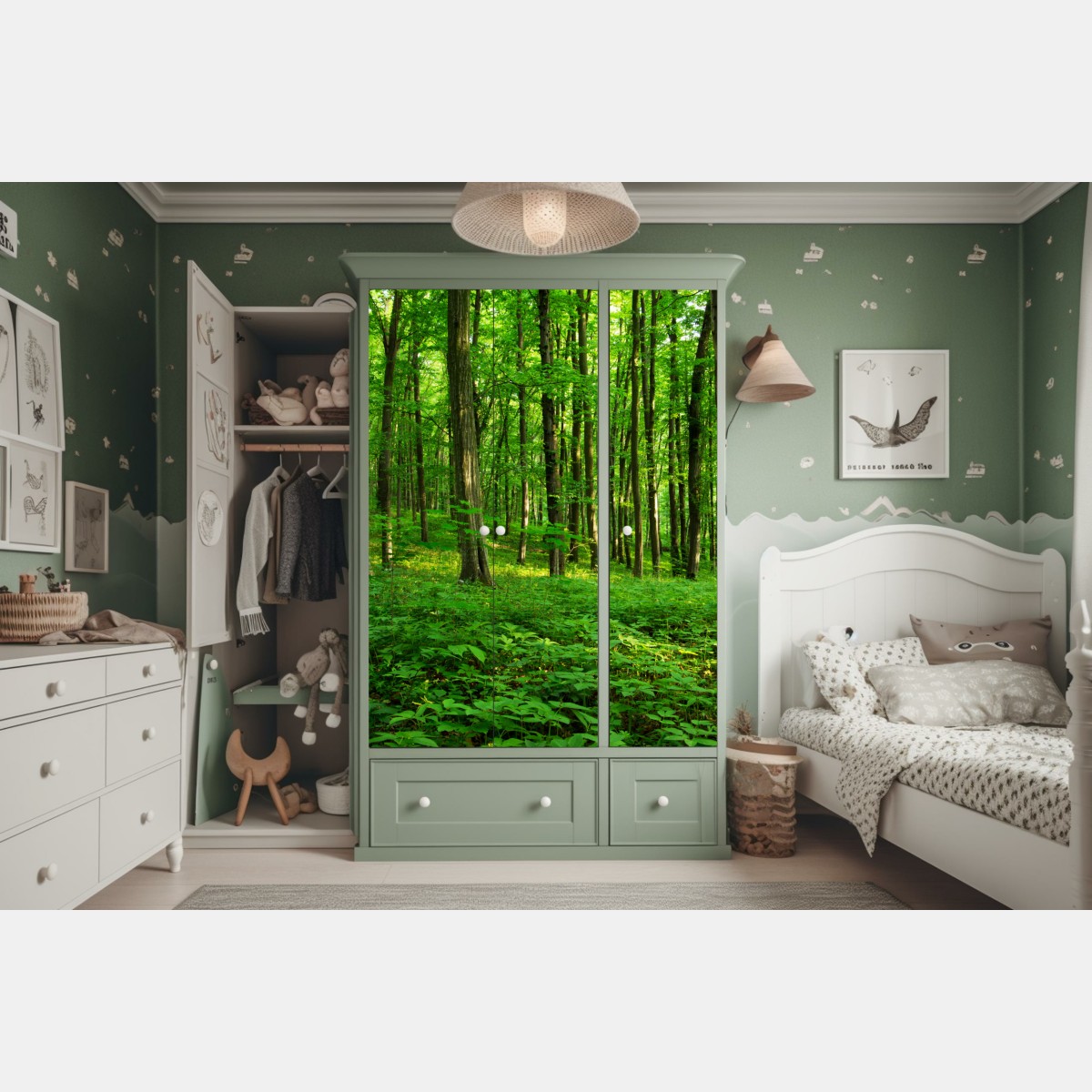 Naklejka na szafę słoneczny zielony las wiosną – Wallissimo® Naklejka na szafę słoneczny zielony las wiosną – Wallissimo®