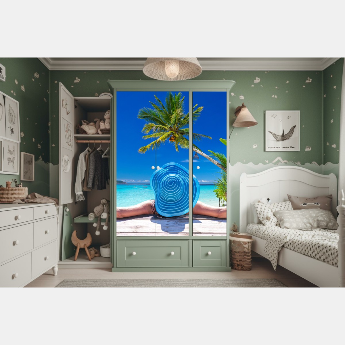 Naklejka na szafę tropikalna plaża z niebieskim kapeluszem – Wallissimo® Naklejka na szafę tropikalna plaża z niebieskim kapeluszem – Wallissimo®
