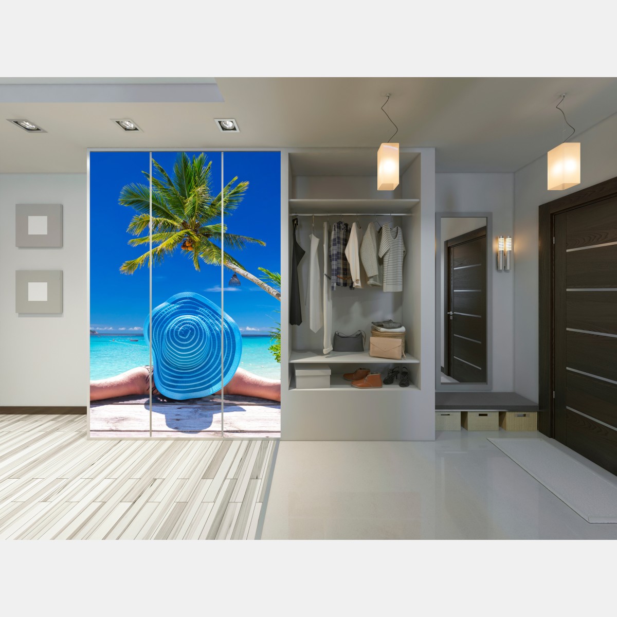 Naklejka na szafę tropikalna plaża z niebieskim kapeluszem – Wallissimo® Naklejka na szafę tropikalna plaża z niebieskim kapeluszem – Wallissimo®