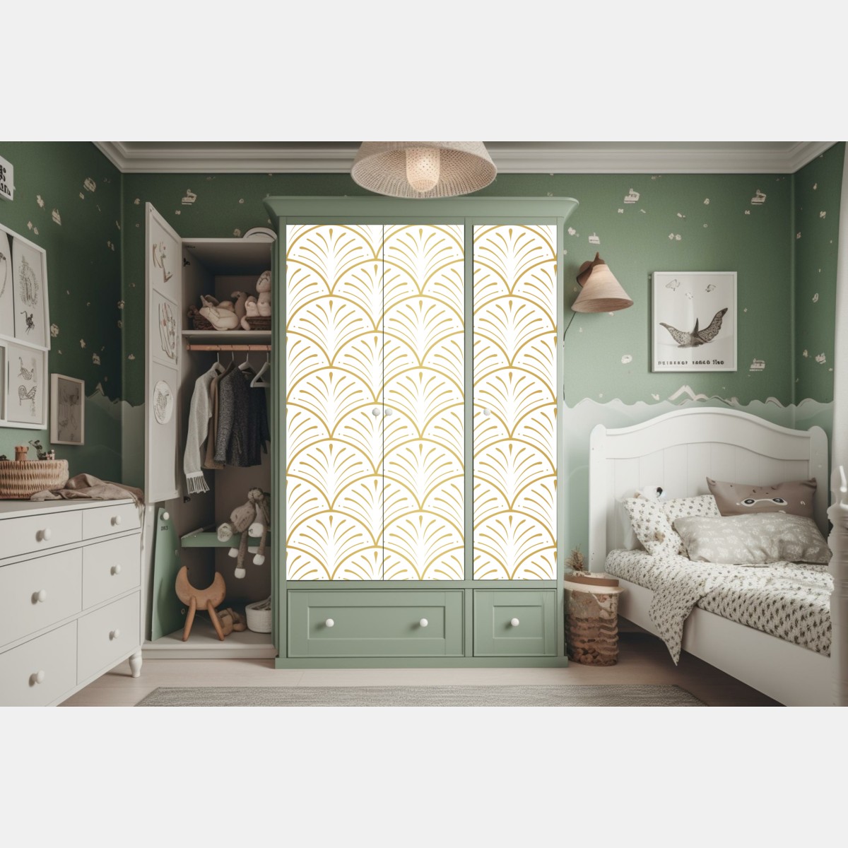 Naklejka na szafę złoty wzór art deco w stylu wachlarza – Wallissimo® Naklejka na szafę złoty wzór art deco w stylu wachlarza – Wallissimo®