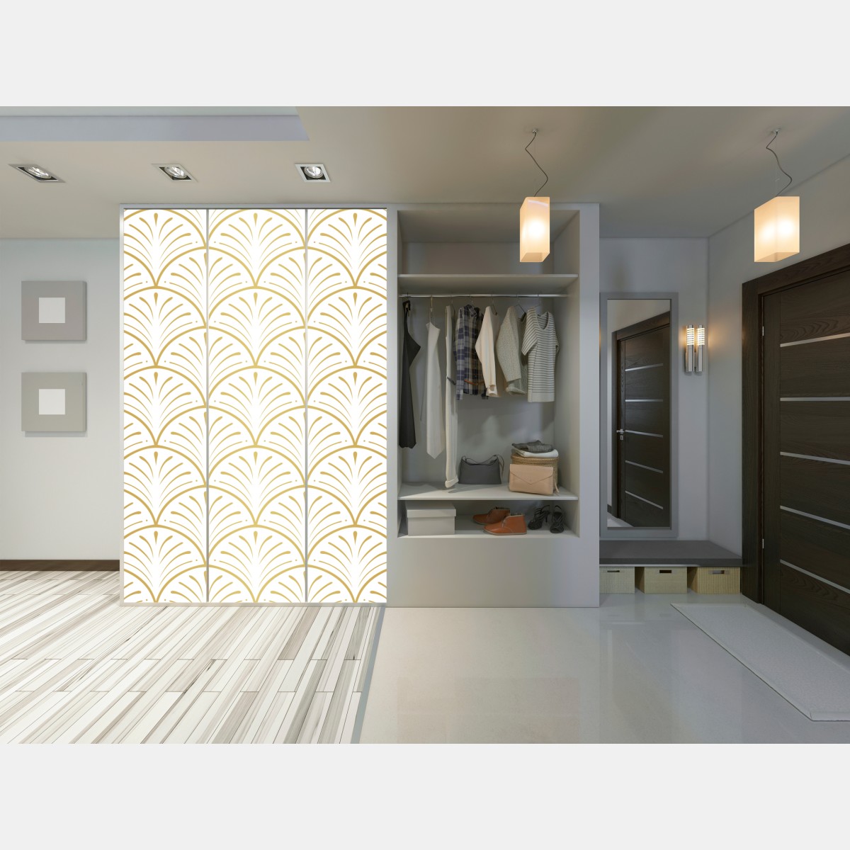 Naklejka na szafę złoty wzór art deco w stylu wachlarza – Wallissimo® Naklejka na szafę złoty wzór art deco w stylu wachlarza – Wallissimo®