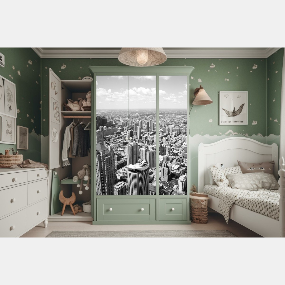 Naklejka na szafę Chicago panorama miasta w odcieniach szarości – Wallissimo® Naklejka na szafę Chicago panorama miasta w odcieniach szarości – Wallissimo®