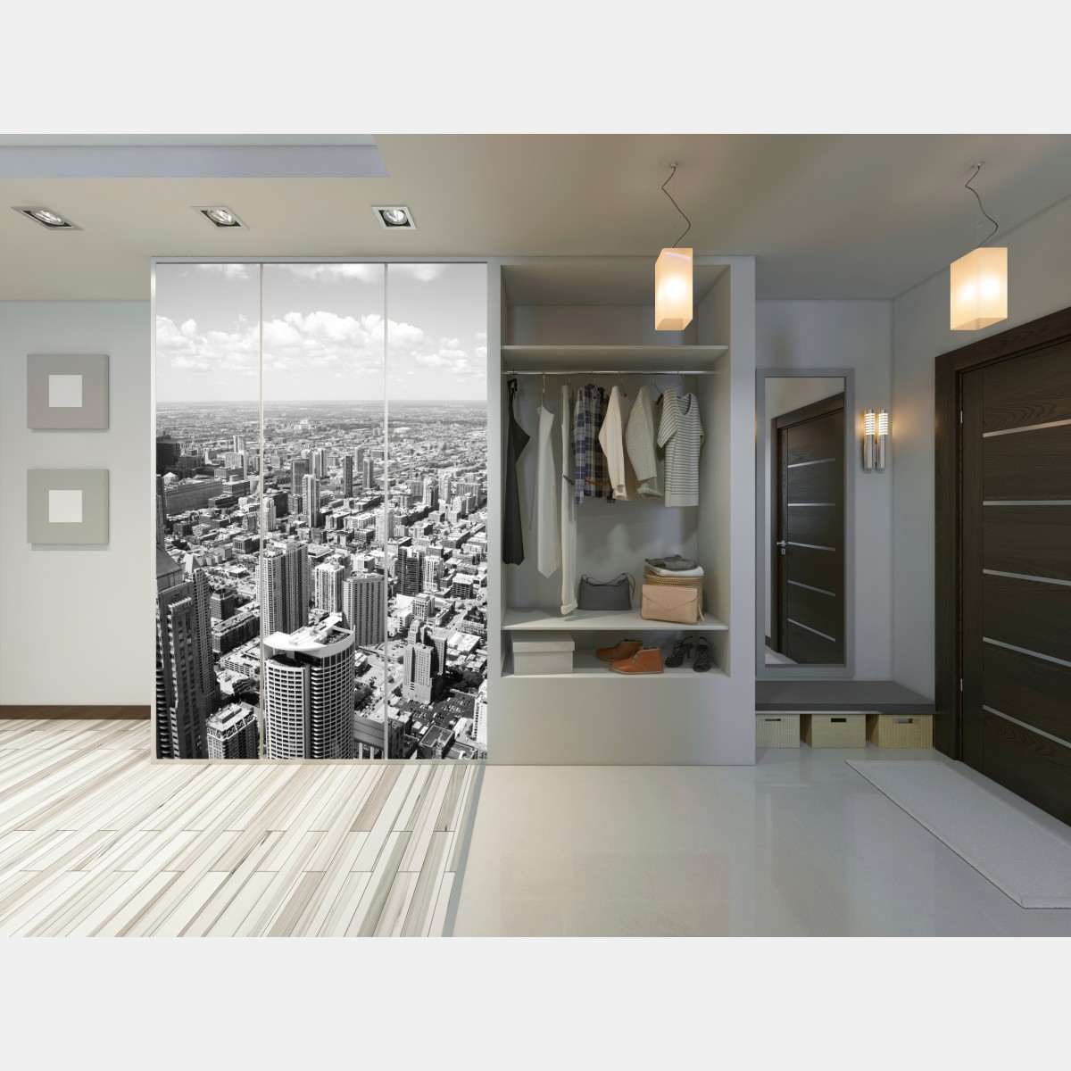 Naklejka na szafę Chicago panorama miasta w odcieniach szarości – Wallissimo® Naklejka na szafę Chicago panorama miasta w odcieniach szarości – Wallissimo®