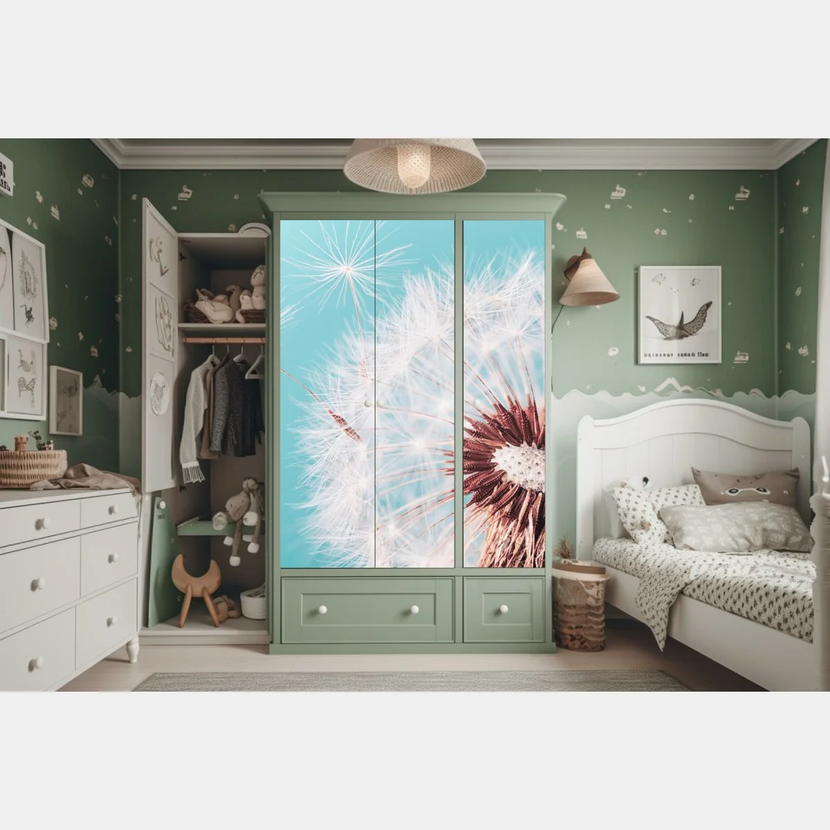 Naklejka na szafę delikatny dmuchawiec na turkusowym tle – Wallissimo® Naklejka na szafę delikatny dmuchawiec na turkusowym tle – Wallissimo®