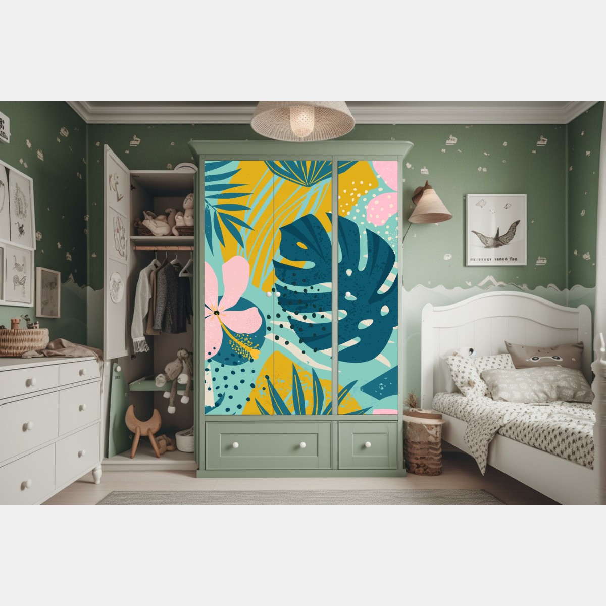 Naklejka na szafę tropikalne liście i kwiaty – Wallissimo® Naklejka na szafę tropikalne liście i kwiaty – Wallissimo®