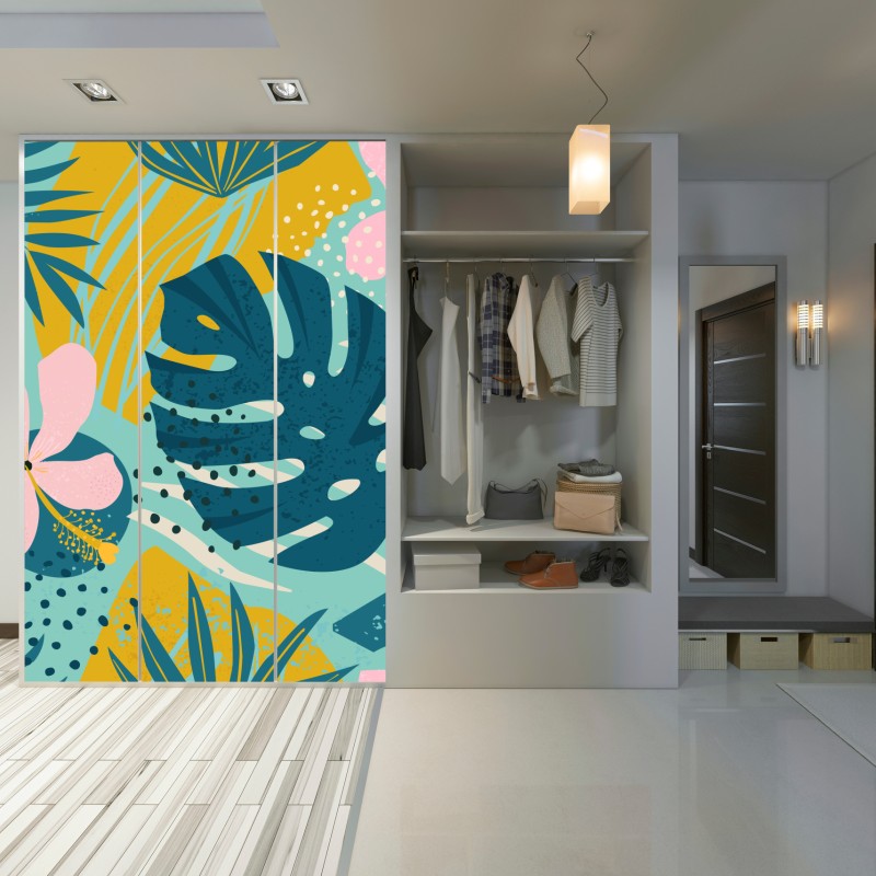 Naklejka na szafę tropikalne liście i kwiaty – Wallissimo® Naklejka na szafę tropikalne liście i kwiaty – Wallissimo®