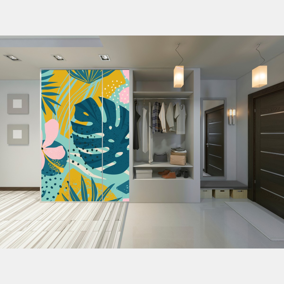 Naklejka na szafę tropikalne liście i kwiaty – Wallissimo® Naklejka na szafę tropikalne liście i kwiaty – Wallissimo®