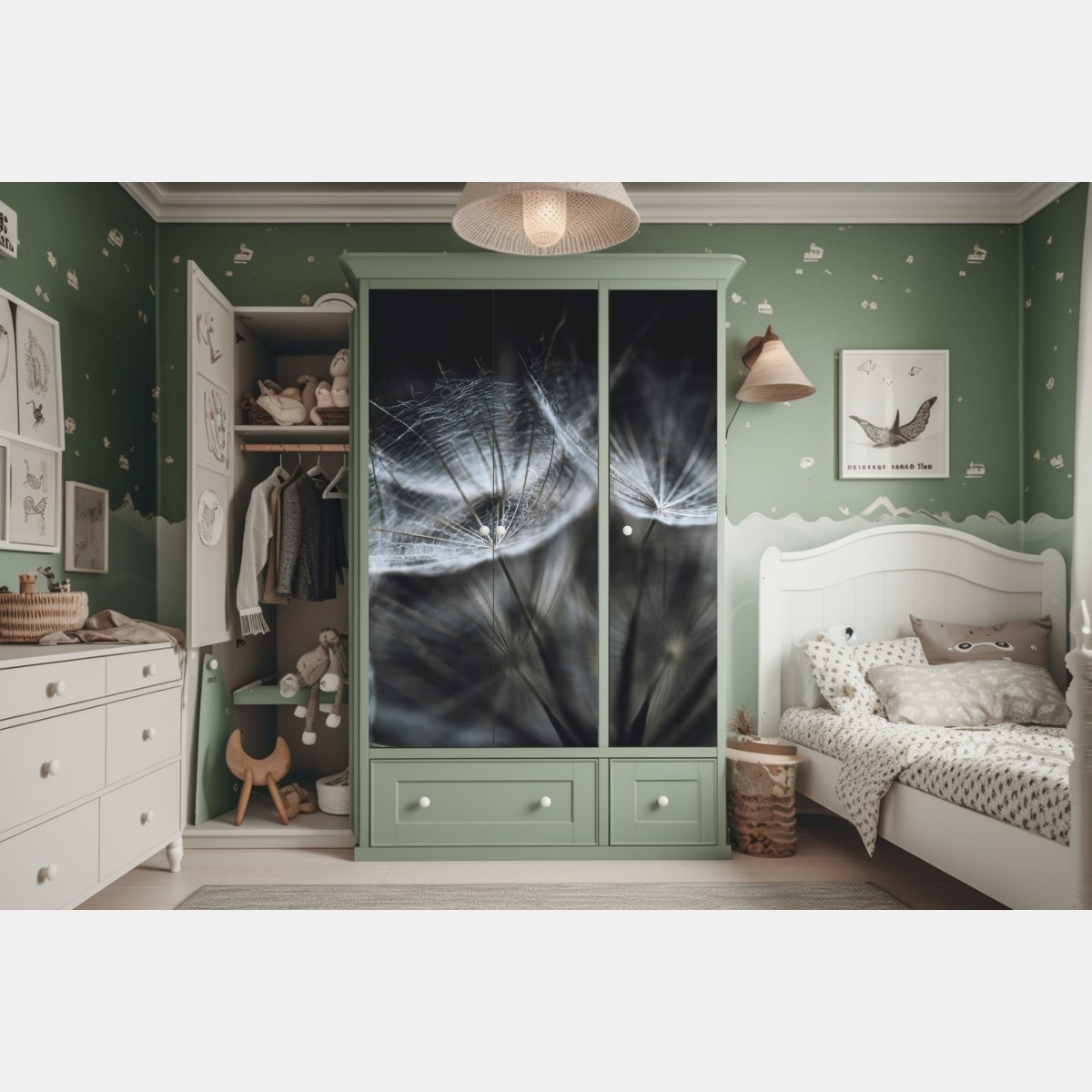 Naklejka na szafę delikatne nasiona mniszka w monochromie – Wallissimo® Naklejka na szafę delikatne nasiona mniszka w monochromie – Wallissimo®