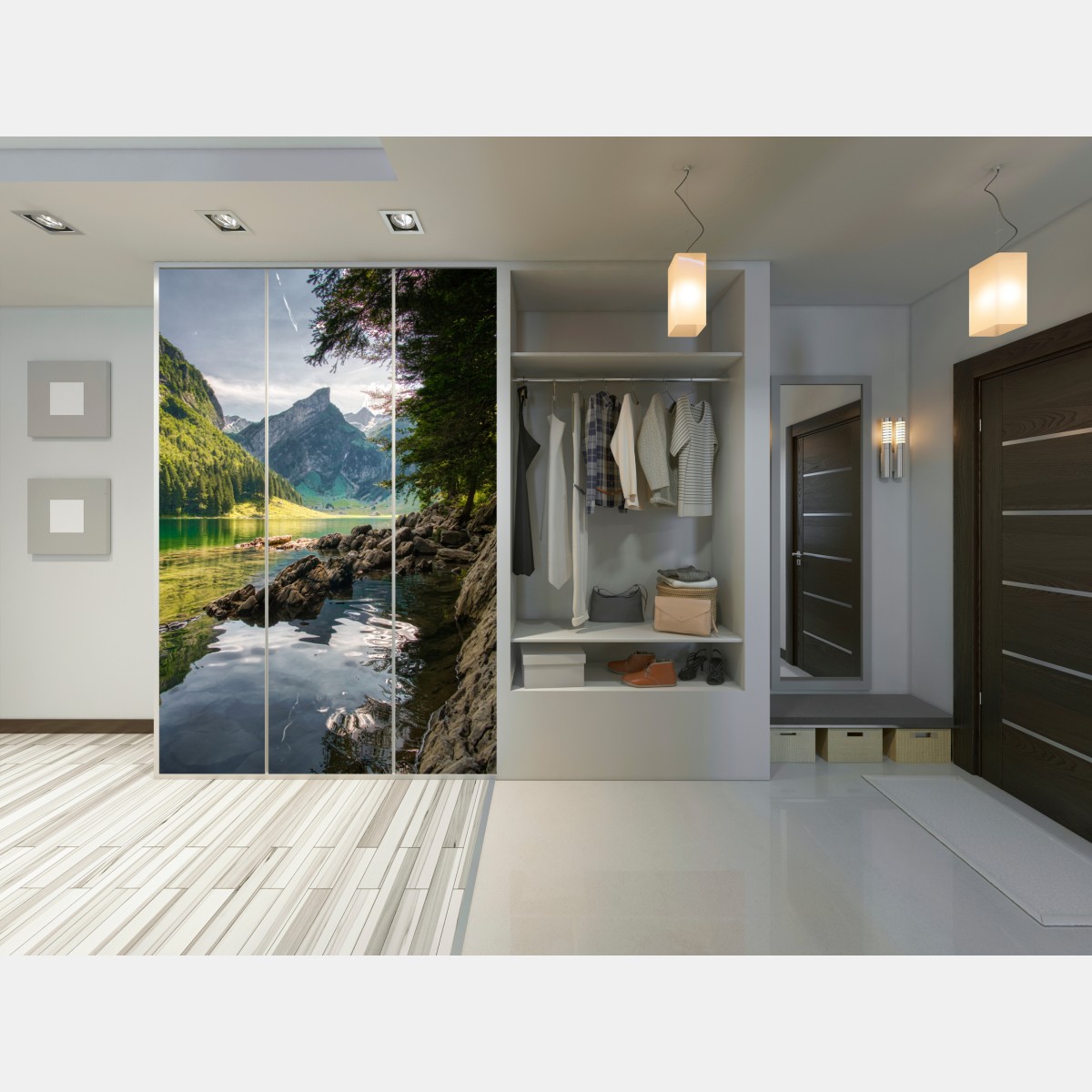 Naklejka na szafę spokojne górskie jezioro z odbiciami lasu – Wallissimo® Naklejka na szafę spokojne górskie jezioro z odbiciami lasu – Wallissimo®