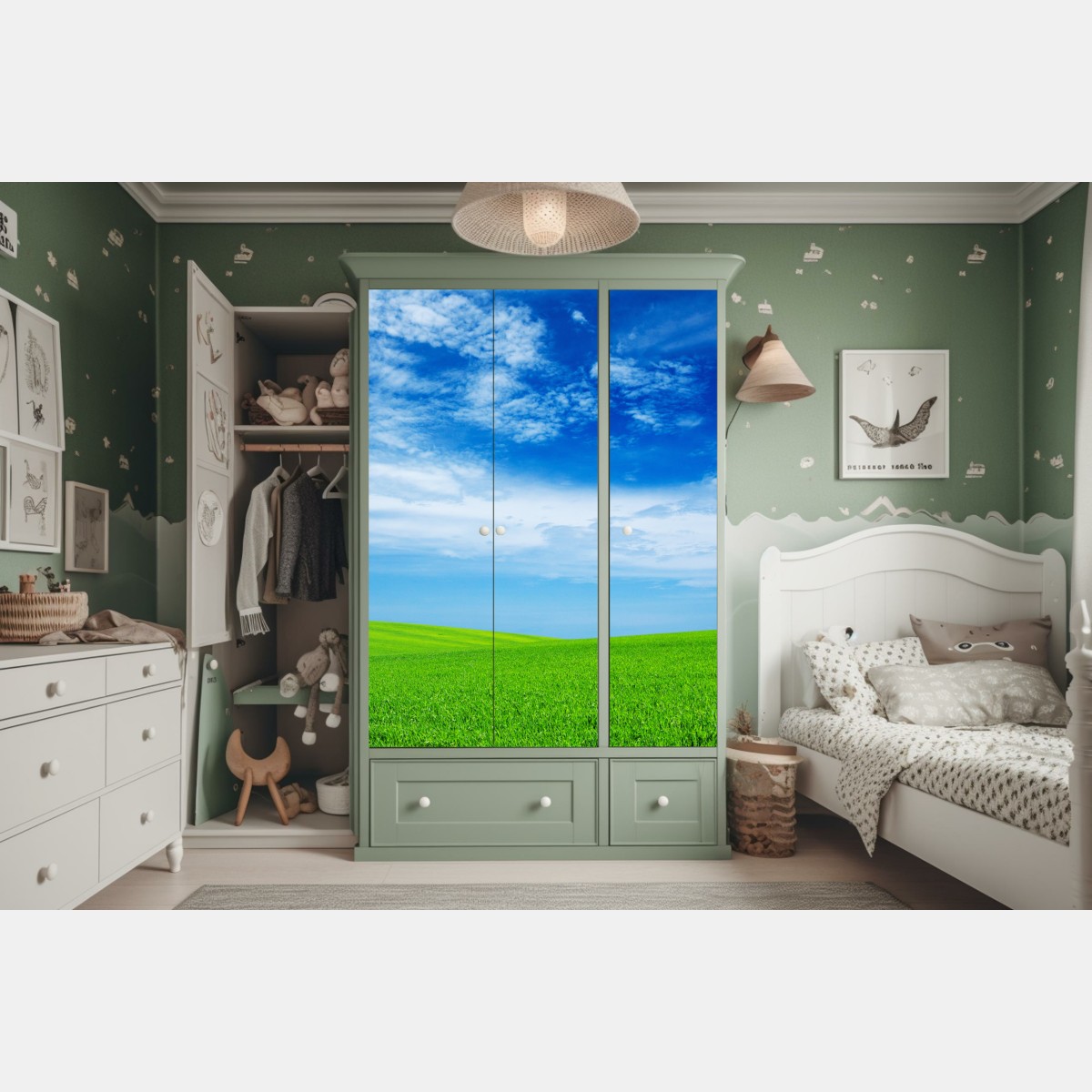 Naklejka na szafę zielona łąka pod błękitnym niebem – Wallissimo® Naklejka na szafę zielona łąka pod błękitnym niebem – Wallissimo®