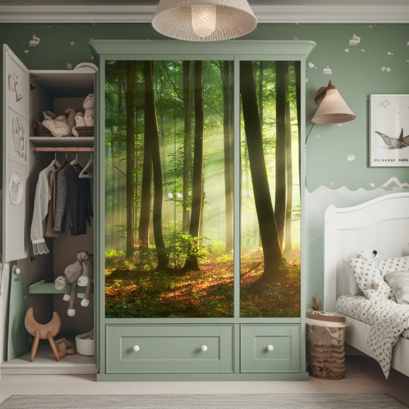 Naklejka na szafę poranny las skąpany w słońcu – Wallissimo® Naklejka na szafę poranny las skąpany w słońcu – Wallissimo®