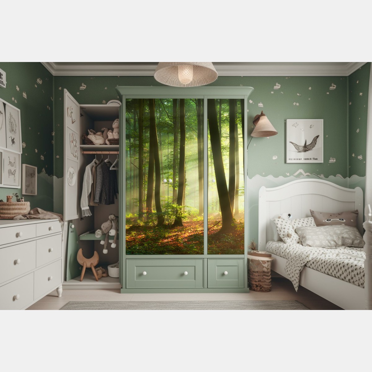 Naklejka na szafę poranny las skąpany w słońcu – Wallissimo® Naklejka na szafę poranny las skąpany w słońcu – Wallissimo®