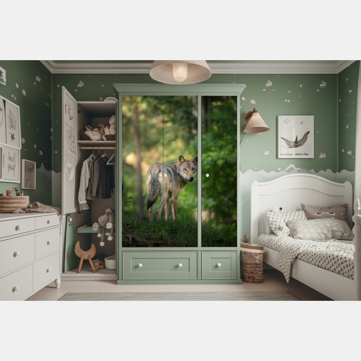Naklejka na szafę wilk w leśnej polanie – Wallissimo® Naklejka na szafę wilk w leśnej polanie – Wallissimo®