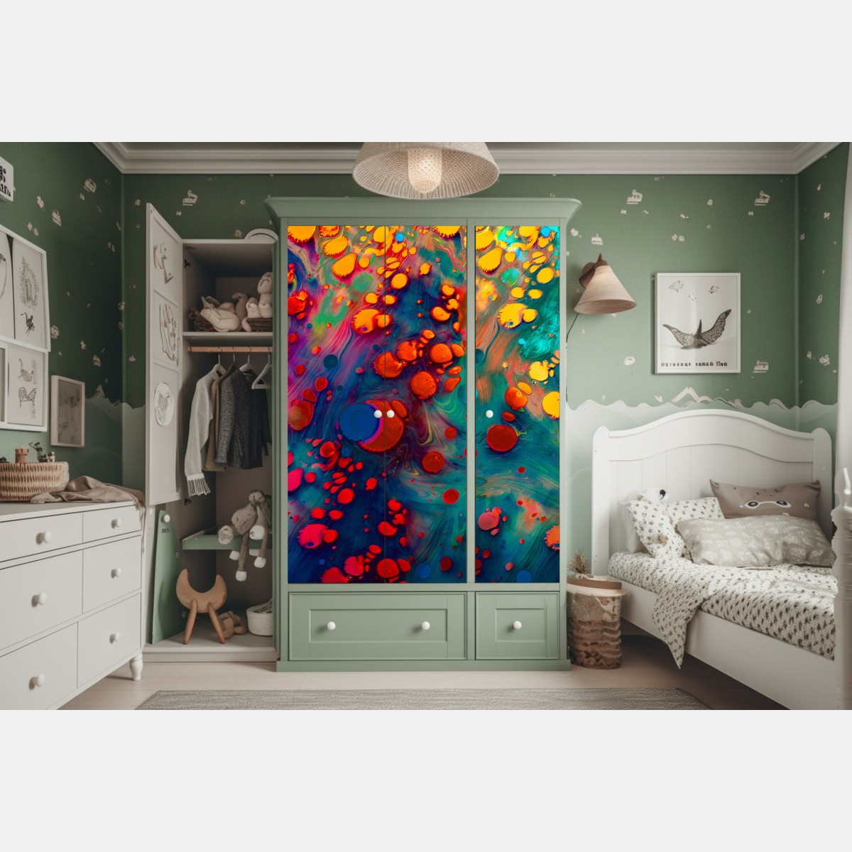 Naklejka na szafę żywe turkusowo-pomarańczowe marmurkowe dzieło – Wallissimo® Naklejka na szafę żywe turkusowo-pomarańczowe marmurkowe dzieło – Wallissimo®