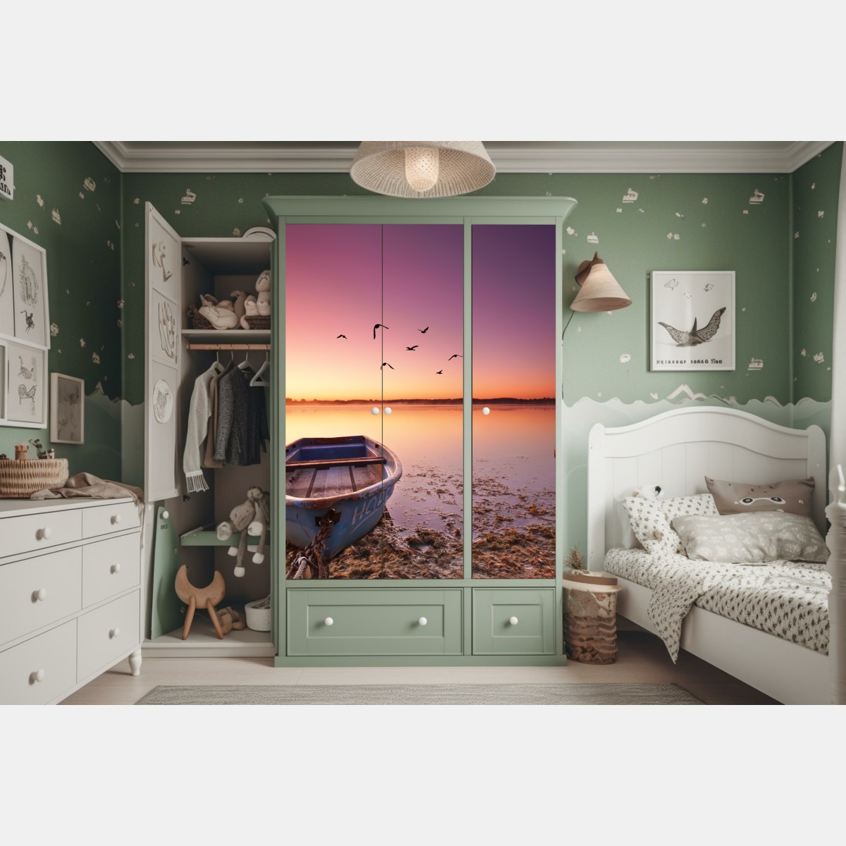 Naklejka na szafę spokojna łódź o zmierzchu nad jeziorem – Wallissimo® Naklejka na szafę spokojna łódź o zmierzchu nad jeziorem – Wallissimo®