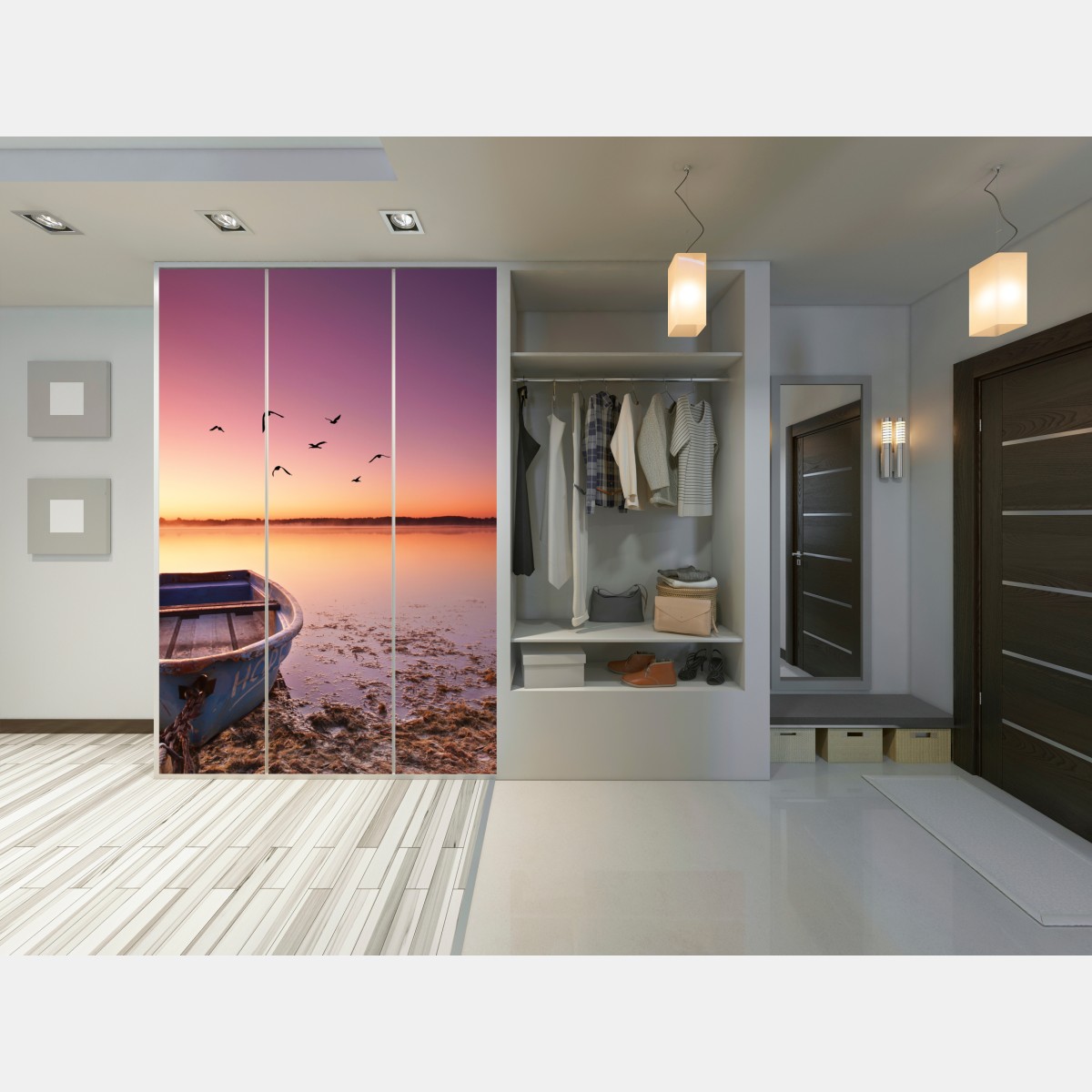 Naklejka na szafę spokojna łódź o zmierzchu nad jeziorem – Wallissimo® Naklejka na szafę spokojna łódź o zmierzchu nad jeziorem – Wallissimo®