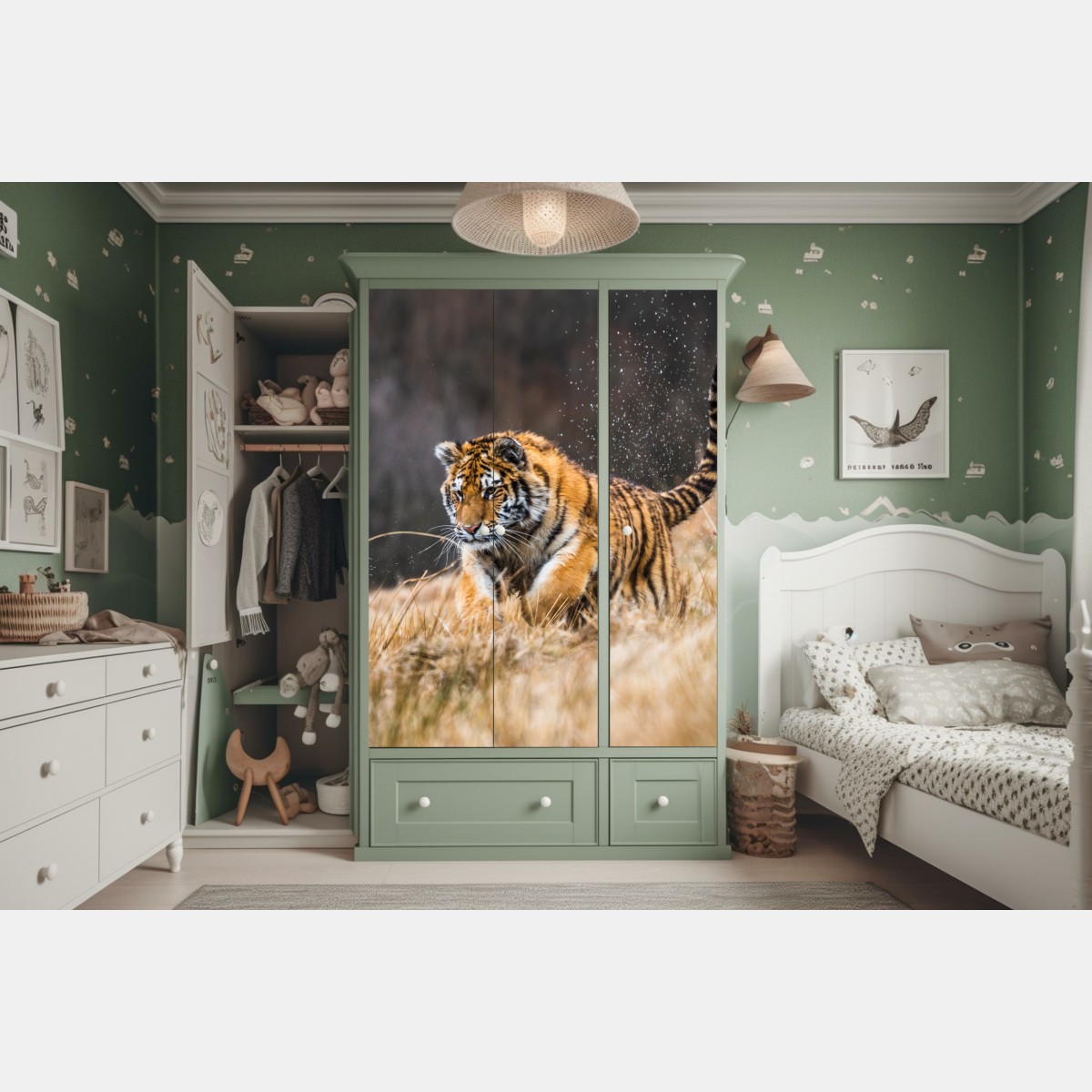 Naklejka na szafę tygrys Syberyjski w biegu – Wallissimo® Naklejka na szafę tygrys Syberyjski w biegu – Wallissimo®