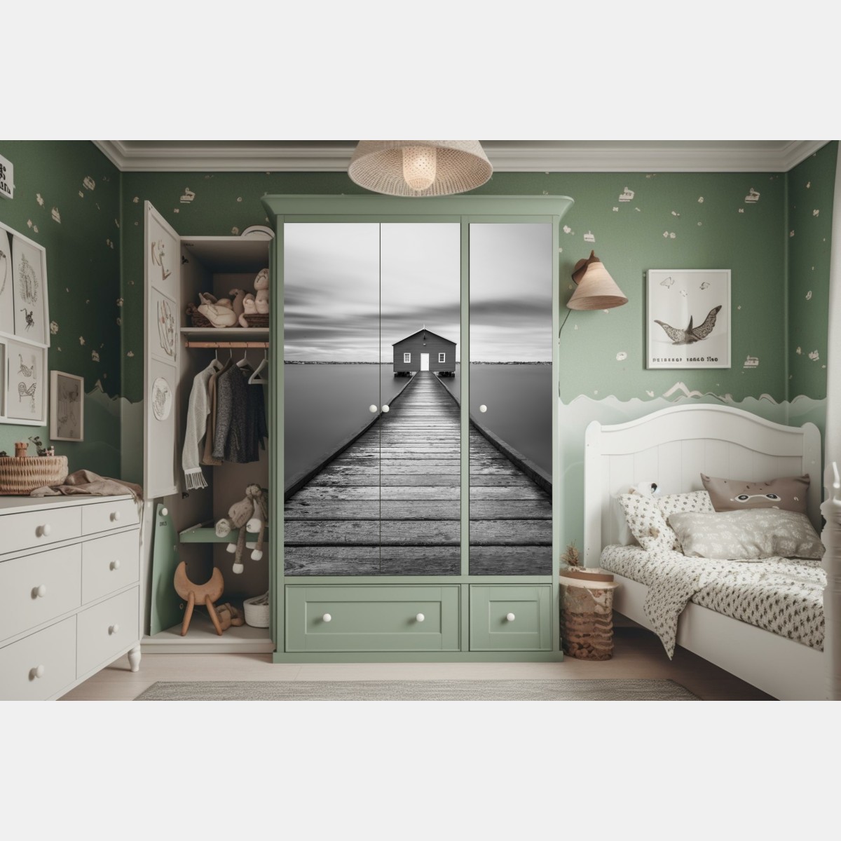 Naklejka na szafę samotny domek na pomoście nad spokojną wodą – Wallissimo® Naklejka na szafę samotny domek na pomoście nad spokojną wodą – Wallissimo®