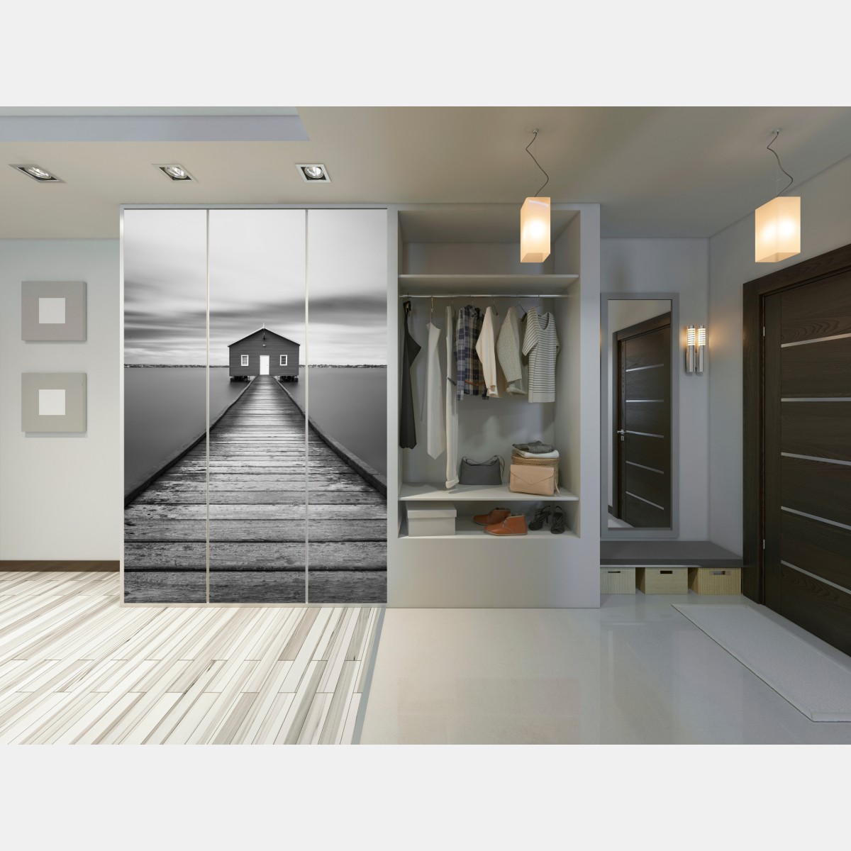 Naklejka na szafę samotny domek na pomoście nad spokojną wodą – Wallissimo® Naklejka na szafę samotny domek na pomoście nad spokojną wodą – Wallissimo®