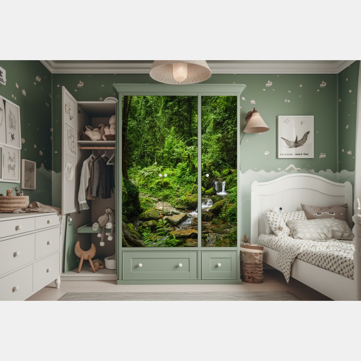 Naklejka na szafę bujny zielony leśny wodospad – Wallissimo® Naklejka na szafę bujny zielony leśny wodospad – Wallissimo®