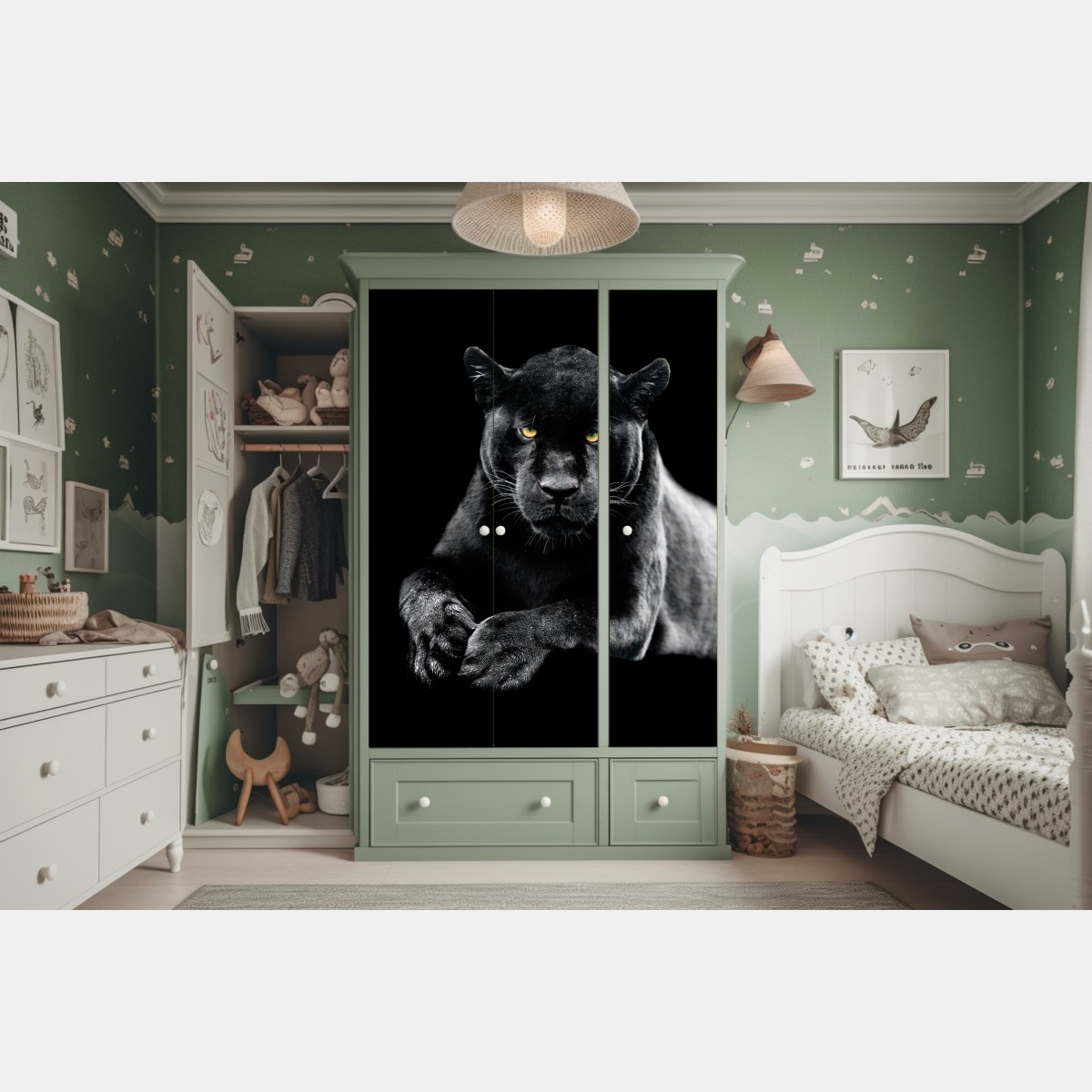 Naklejka na szafę portret czarnej pantery na czarnym tle – Wallissimo® Naklejka na szafę portret czarnej pantery na czarnym tle – Wallissimo®