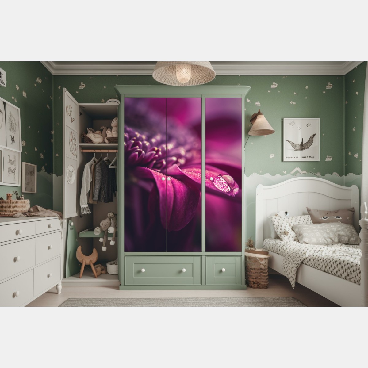 Naklejka na szafę fioletowy makro kwiat z kroplą rosy – Wallissimo® Naklejka na szafę fioletowy makro kwiat z kroplą rosy – Wallissimo®