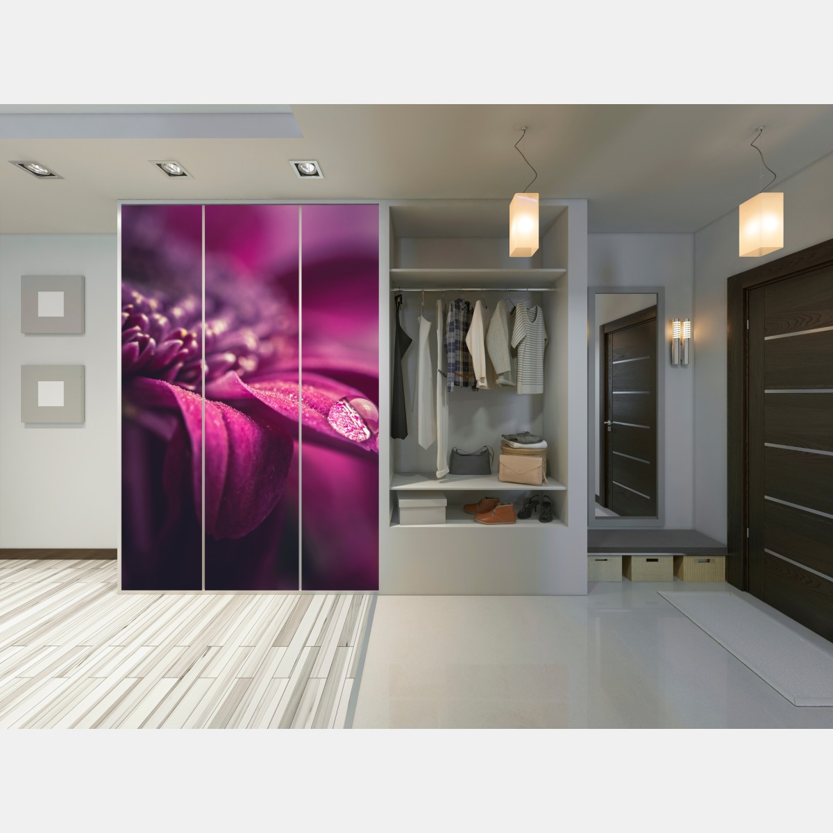 Naklejka na szafę fioletowy makro kwiat z kroplą rosy – Wallissimo® Naklejka na szafę fioletowy makro kwiat z kroplą rosy – Wallissimo®