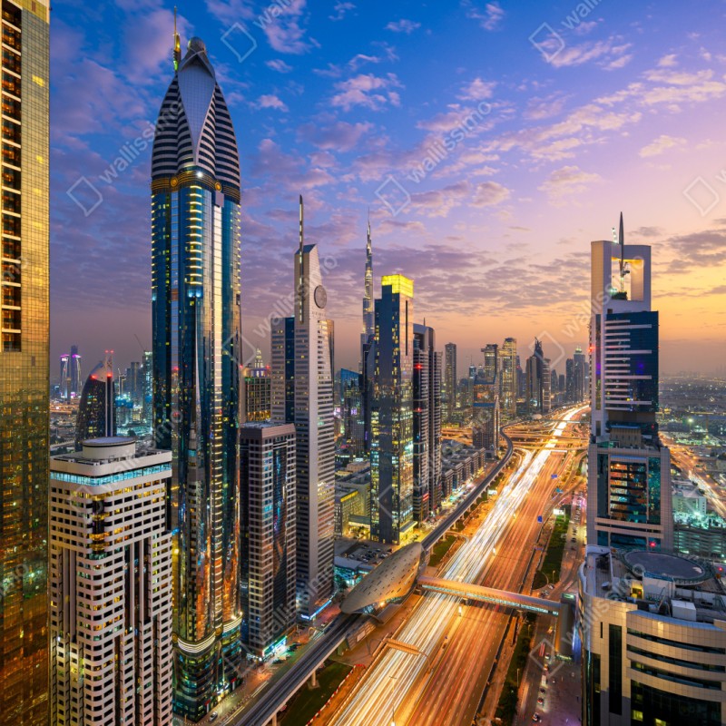 Naklejka na szafę panorama Dubaju o zmierzchu – Wallissimo® Naklejka na szafę panorama Dubaju o zmierzchu – Wallissimo®