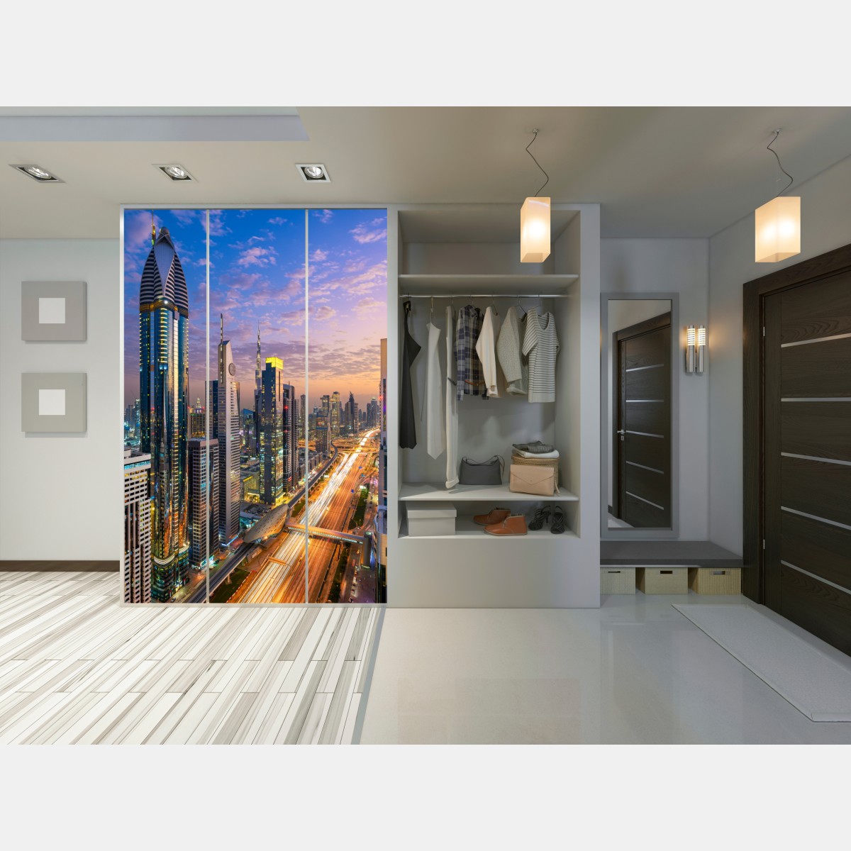 Naklejka na szafę panorama Dubaju o zmierzchu – Wallissimo® Naklejka na szafę panorama Dubaju o zmierzchu – Wallissimo®