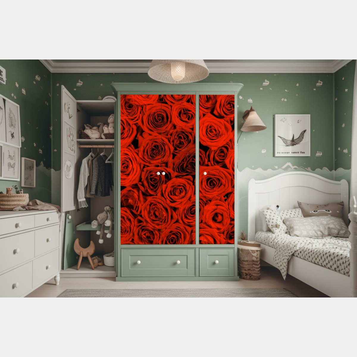 Naklejka na szafę bujny bukiet czerwonych róż – Wallissimo® Naklejka na szafę bujny bukiet czerwonych róż – Wallissimo®