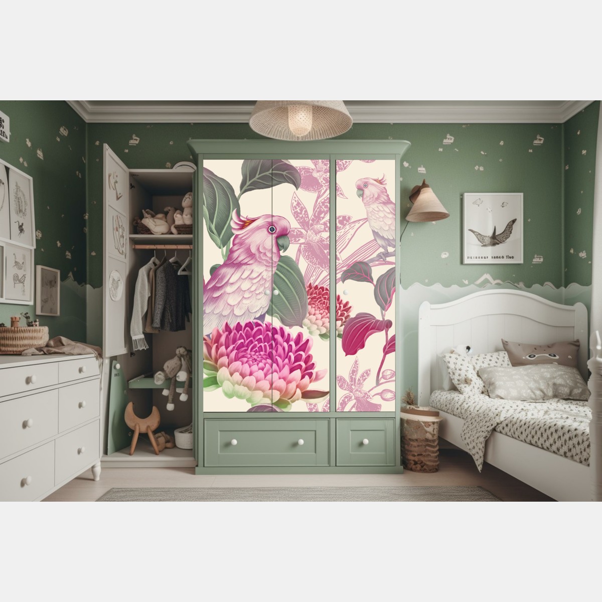 Naklejka na szafę różowa papuga i chryzantema - botaniczny motyw – Wallissimo® Naklejka na szafę różowa papuga i chryzantema - botaniczny motyw – Wallissimo®