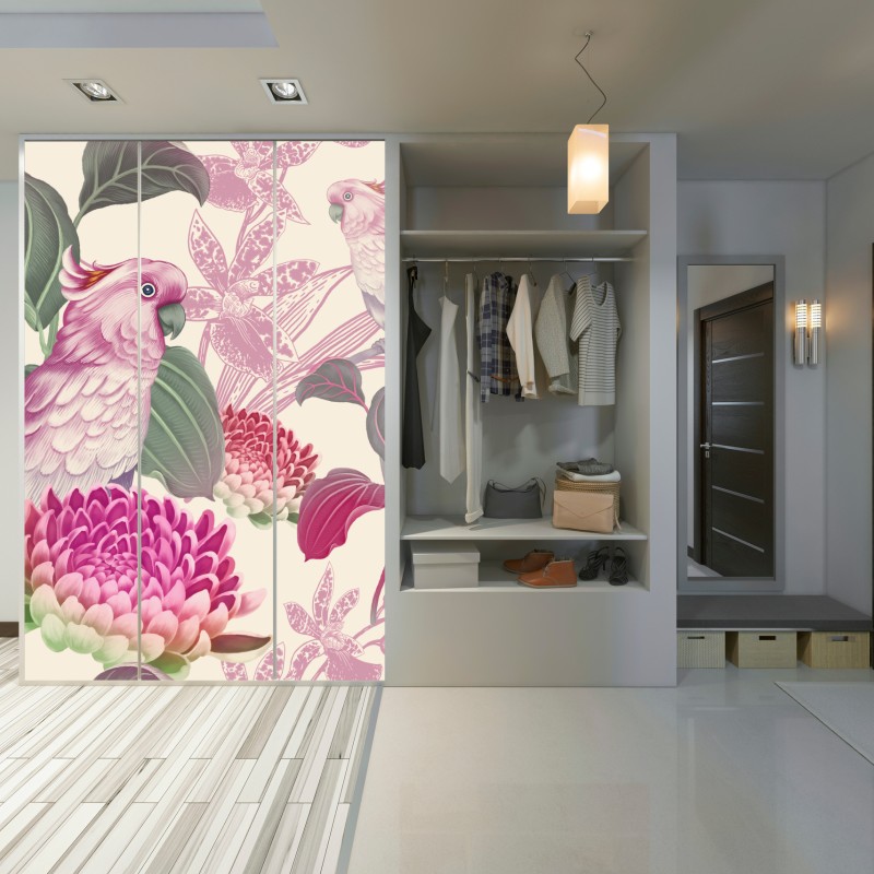 Naklejka na szafę różowa papuga i chryzantema - botaniczny motyw – Wallissimo® Naklejka na szafę różowa papuga i chryzantema - botaniczny motyw – Wallissimo®