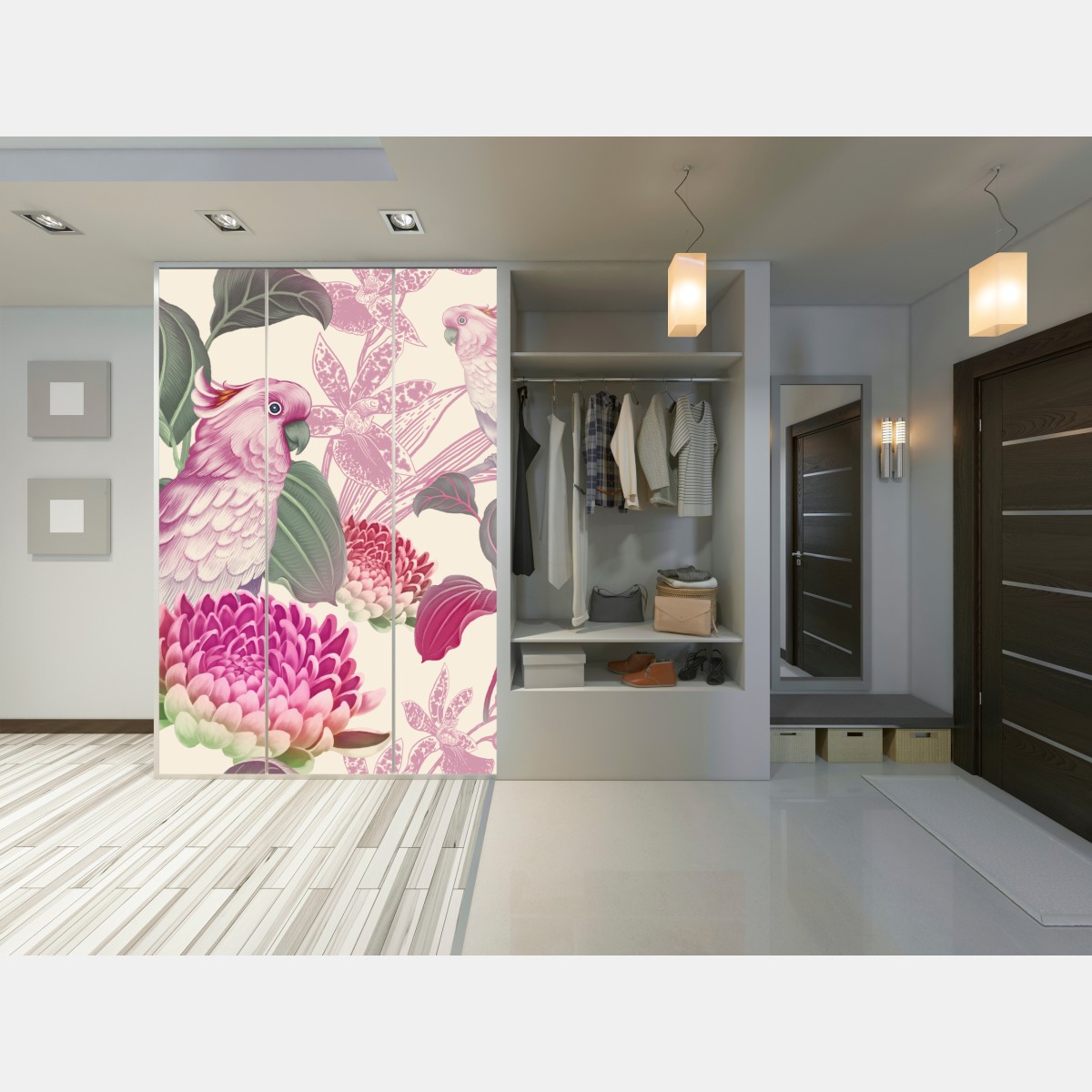 Naklejka na szafę różowa papuga i chryzantema - botaniczny motyw – Wallissimo® Naklejka na szafę różowa papuga i chryzantema - botaniczny motyw – Wallissimo®