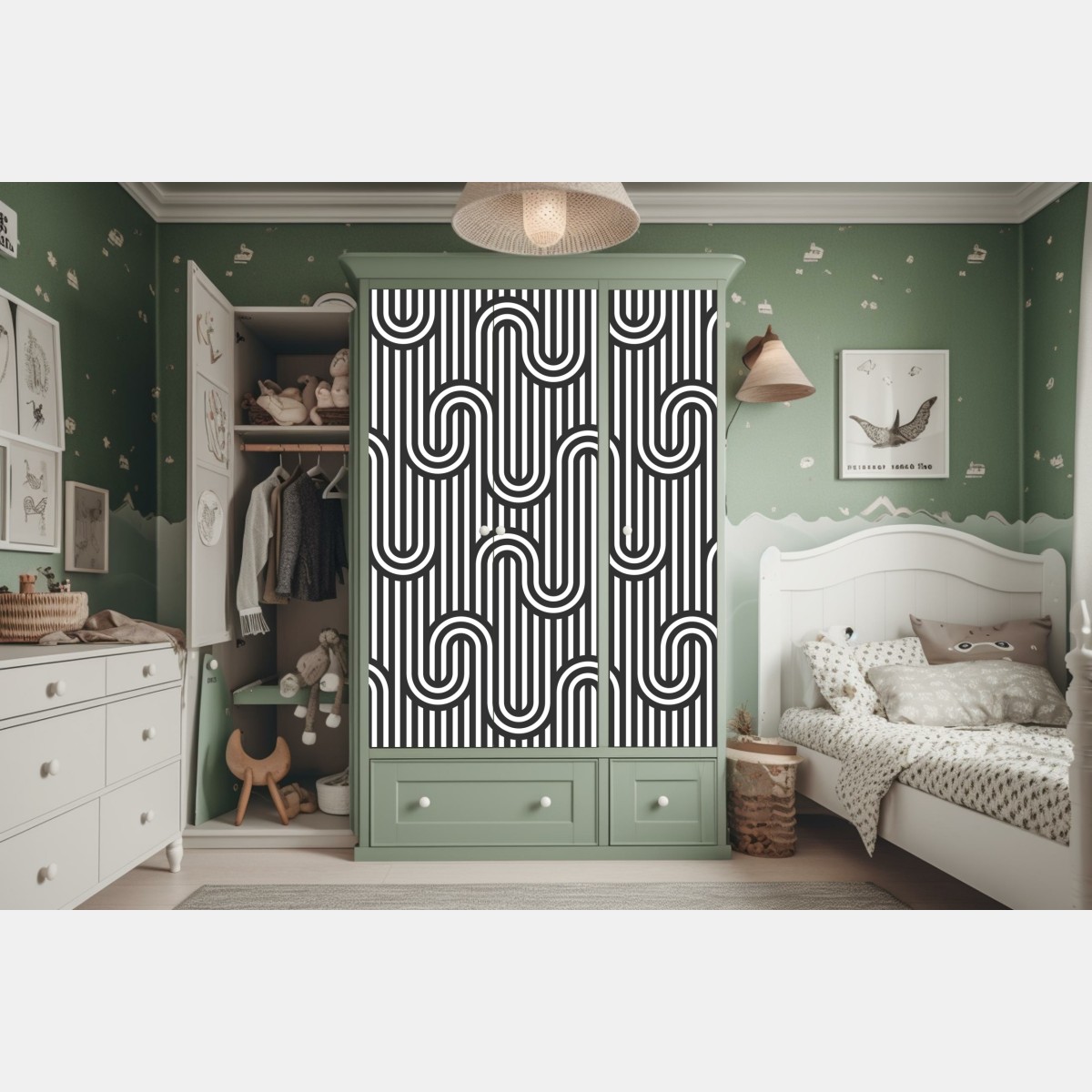 Naklejka na szafę czarno-biały geometryczny wzór optyczny – Wallissimo® Naklejka na szafę czarno-biały geometryczny wzór optyczny – Wallissimo®