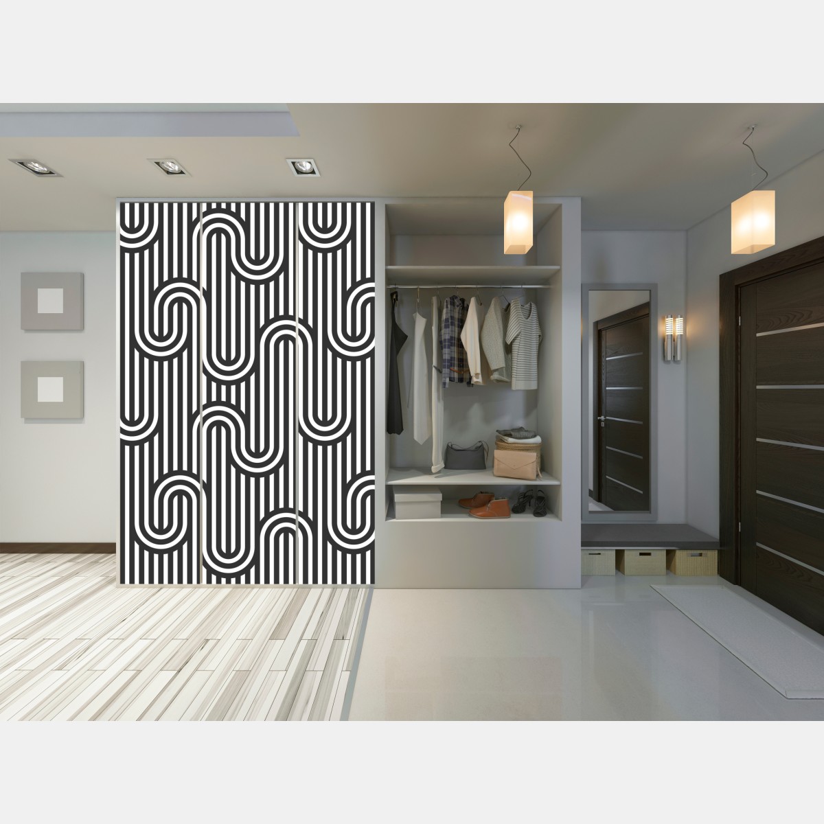 Naklejka na szafę czarno-biały geometryczny wzór optyczny – Wallissimo® Naklejka na szafę czarno-biały geometryczny wzór optyczny – Wallissimo®