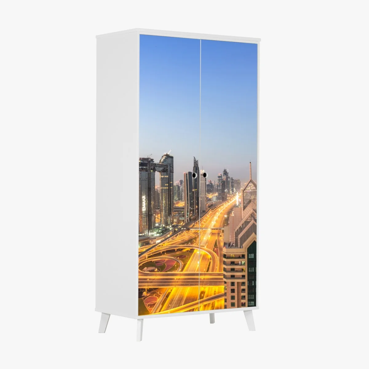 Naklejka na szafę panorama Dubaju o zmierzchu – Wallissimo® Naklejka na szafę panorama Dubaju o zmierzchu – Wallissimo®