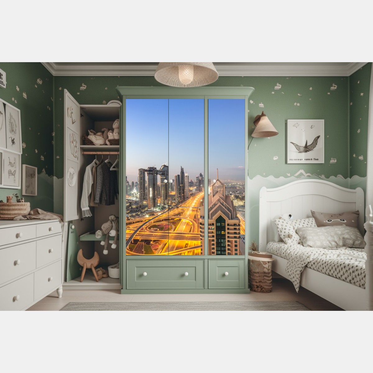 Naklejka na szafę panorama Dubaju o zmierzchu – Wallissimo® Naklejka na szafę panorama Dubaju o zmierzchu – Wallissimo®
