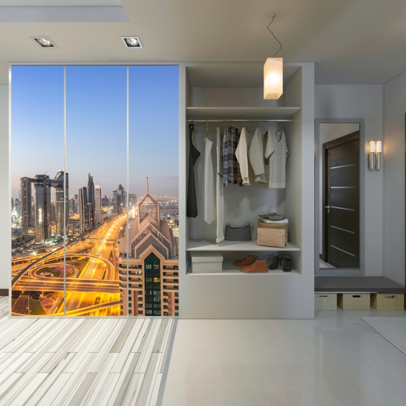 Naklejka na szafę panorama Dubaju o zmierzchu – Wallissimo® Naklejka na szafę panorama Dubaju o zmierzchu – Wallissimo®