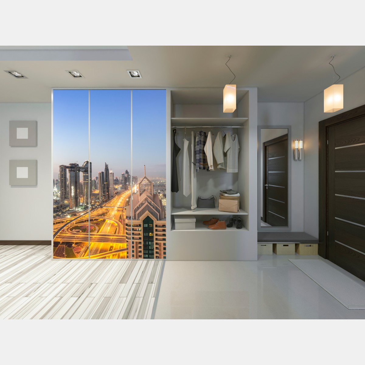 Naklejka na szafę panorama Dubaju o zmierzchu – Wallissimo® Naklejka na szafę panorama Dubaju o zmierzchu – Wallissimo®