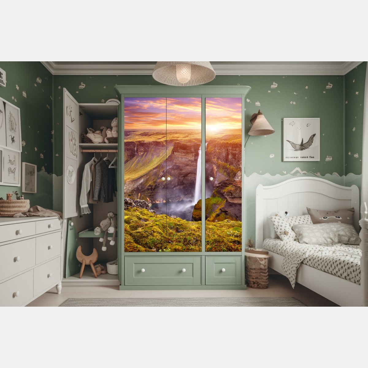 Naklejka na szafę Haifoss wodospad o zachodzie słońca – Wallissimo® Naklejka na szafę Haifoss wodospad o zachodzie słońca – Wallissimo®