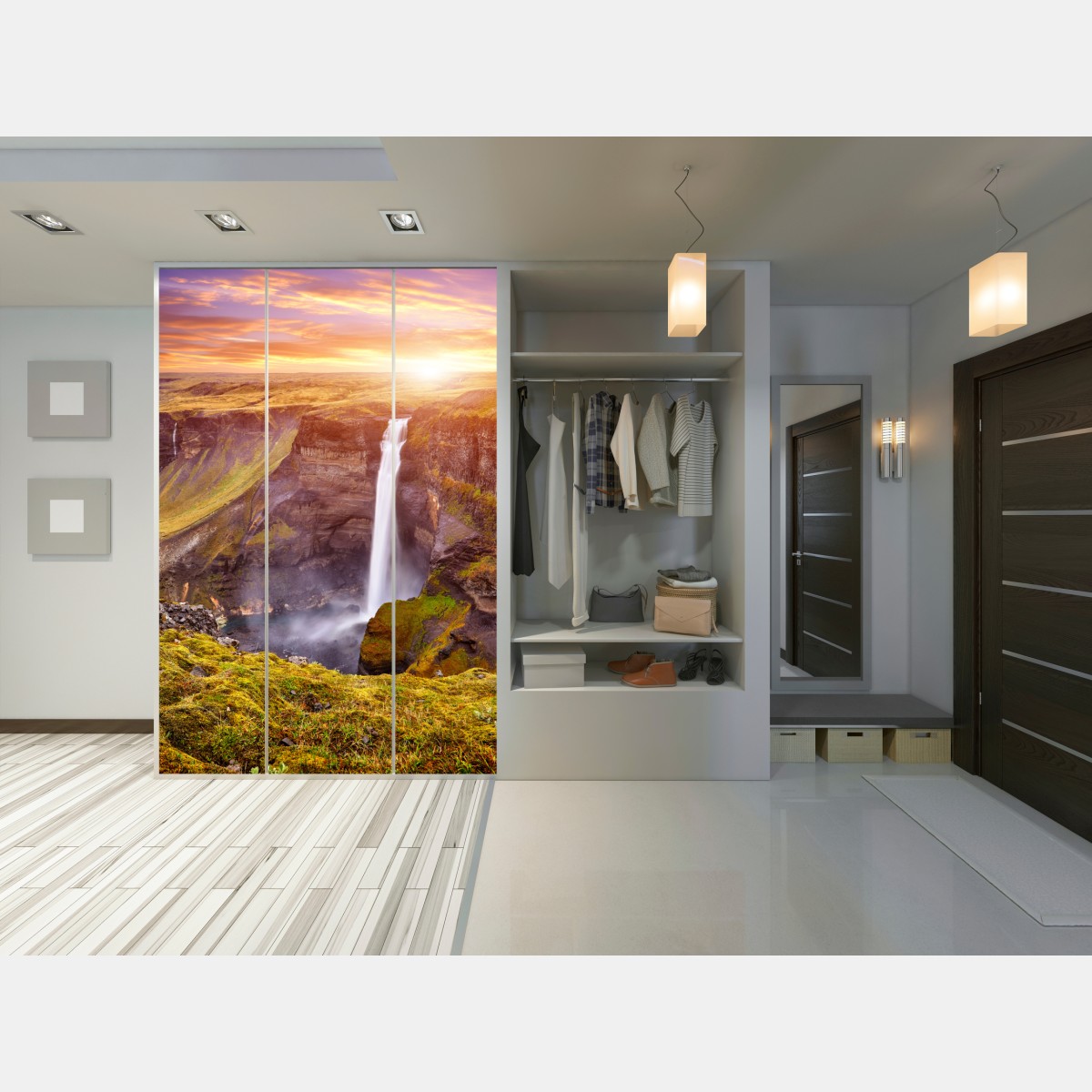 Naklejka na szafę Haifoss wodospad o zachodzie słońca – Wallissimo® Naklejka na szafę Haifoss wodospad o zachodzie słońca – Wallissimo®