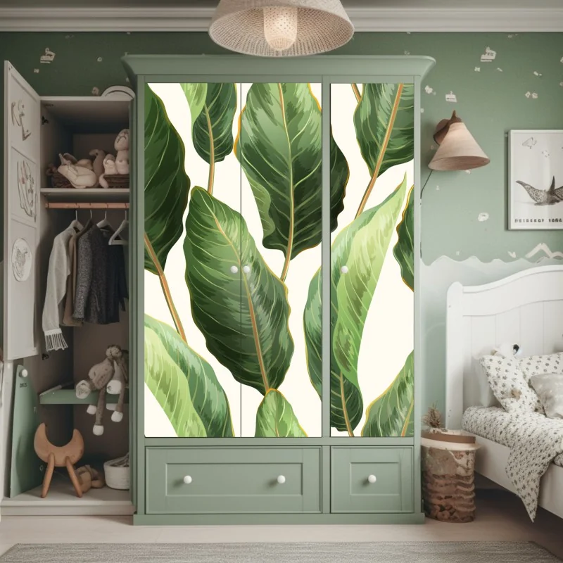 Naklejka na szafę tropikalny wzór z liśćmi bananowca – Wallissimo® Naklejka na szafę tropikalny wzór z liśćmi bananowca – Wallissimo®