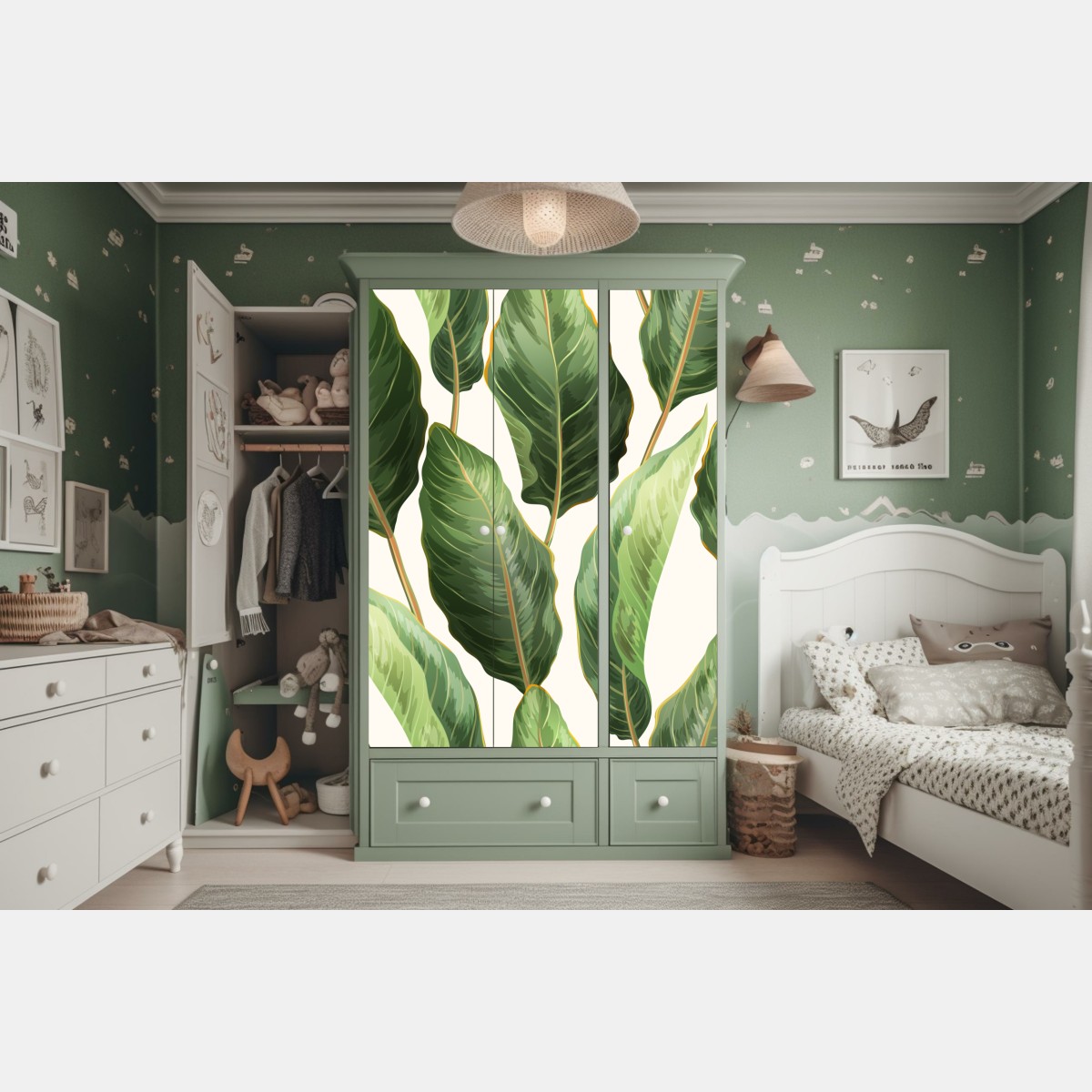 Naklejka na szafę tropikalny wzór z liśćmi bananowca – Wallissimo® Naklejka na szafę tropikalny wzór z liśćmi bananowca – Wallissimo®