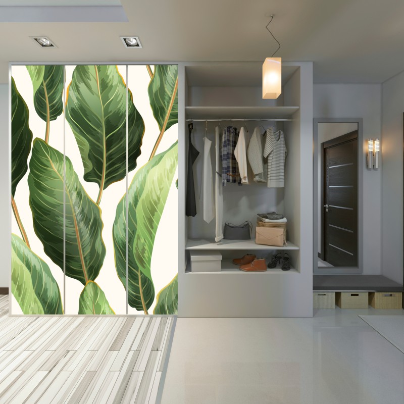 Naklejka na szafę tropikalny wzór z liśćmi bananowca – Wallissimo® Naklejka na szafę tropikalny wzór z liśćmi bananowca – Wallissimo®