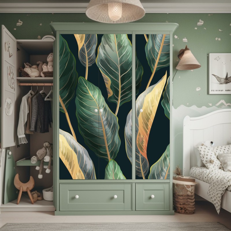 Naklejka na szafę vintage tropikalny wzór z liśćmi – Wallissimo® Naklejka na szafę vintage tropikalny wzór z liśćmi – Wallissimo®