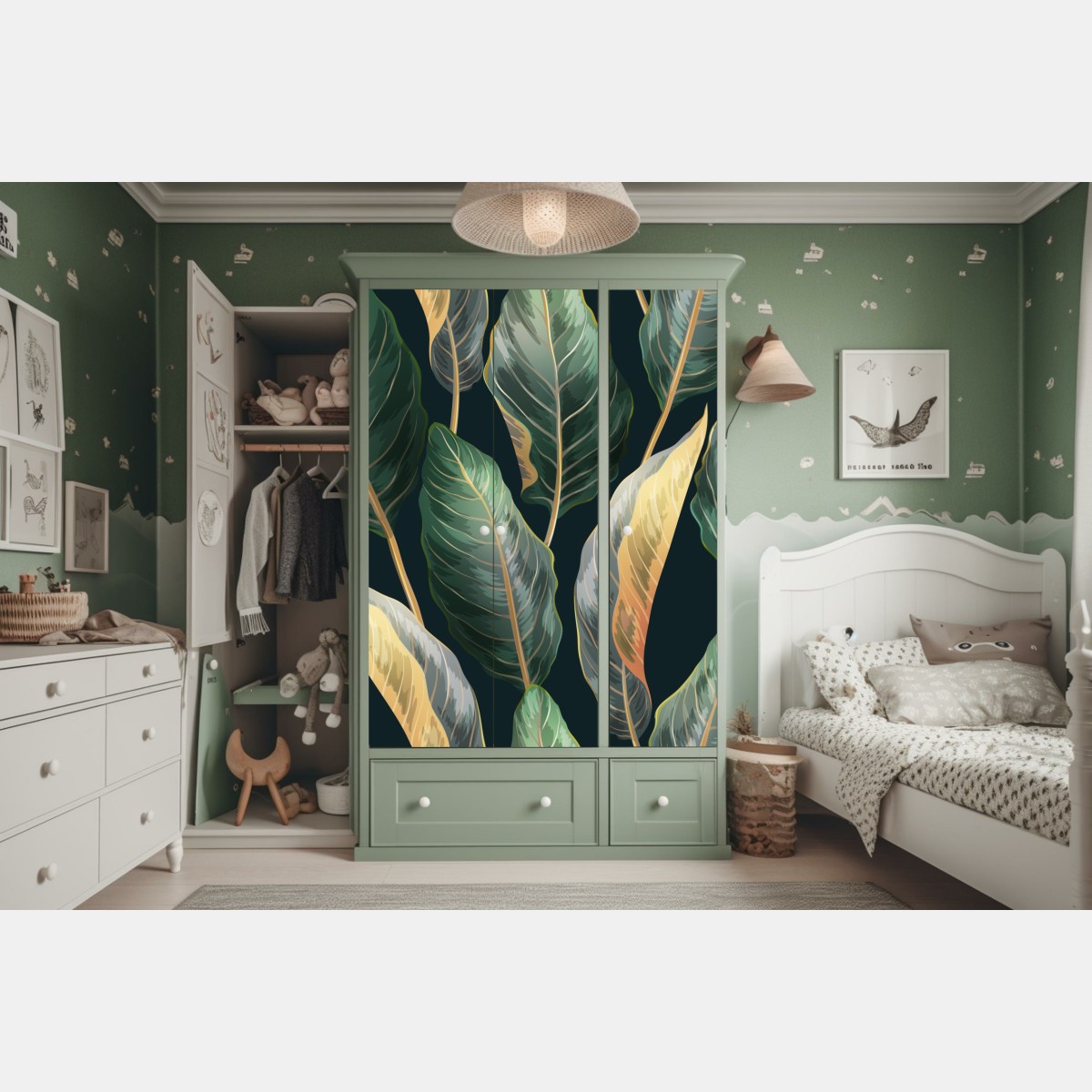 Naklejka na szafę vintage tropikalny wzór z liśćmi – Wallissimo® Naklejka na szafę vintage tropikalny wzór z liśćmi – Wallissimo®