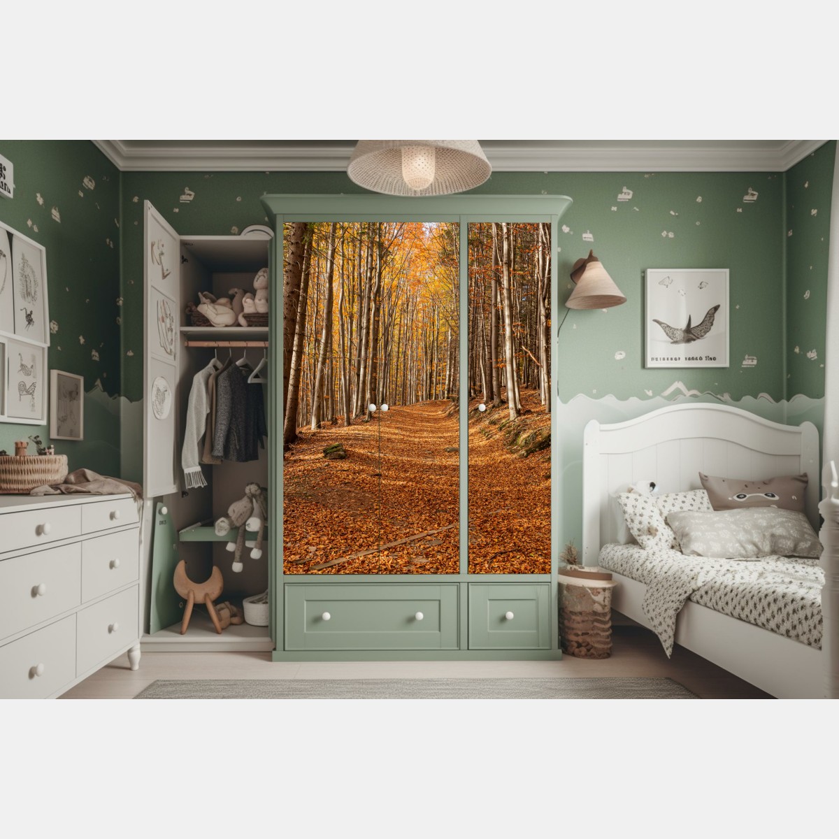 Naklejka na szafę jesienna ścieżka leśna w złotych liściach – Wallissimo® Naklejka na szafę jesienna ścieżka leśna w złotych liściach – Wallissimo®