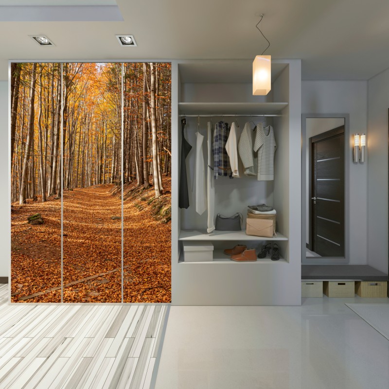 Naklejka na szafę jesienna ścieżka leśna w złotych liściach – Wallissimo® Naklejka na szafę jesienna ścieżka leśna w złotych liściach – Wallissimo®