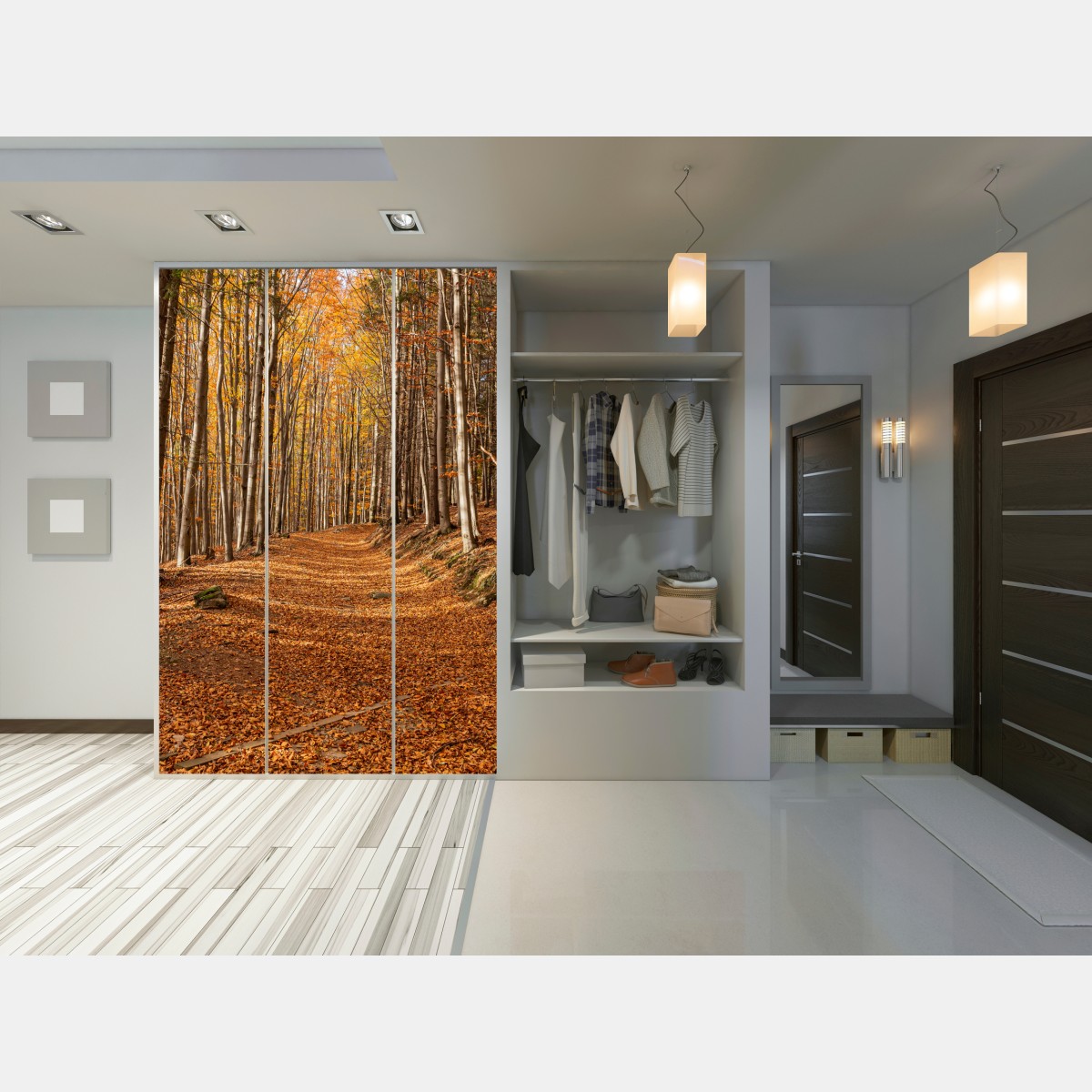 Naklejka na szafę jesienna ścieżka leśna w złotych liściach – Wallissimo® Naklejka na szafę jesienna ścieżka leśna w złotych liściach – Wallissimo®