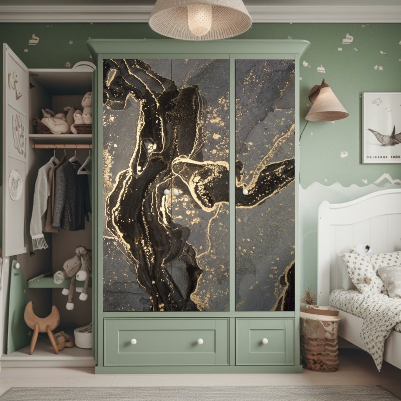 Naklejka na szafę czarny marmur ze złotymi żyłami – Wallissimo®